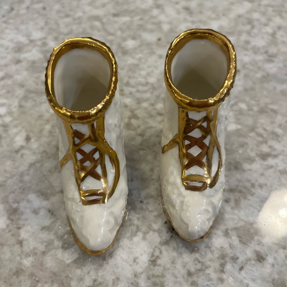 Vintage miniature white and gold porcelain boots